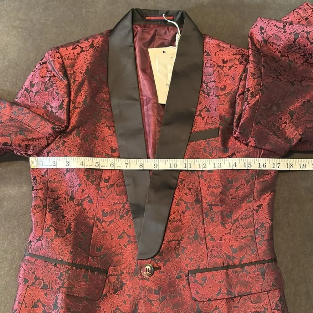 Men’s Boys Burgundy Paisley Slim Fit 3 Piece Tuxedo Size 30 Jacket 29 Pants NWT